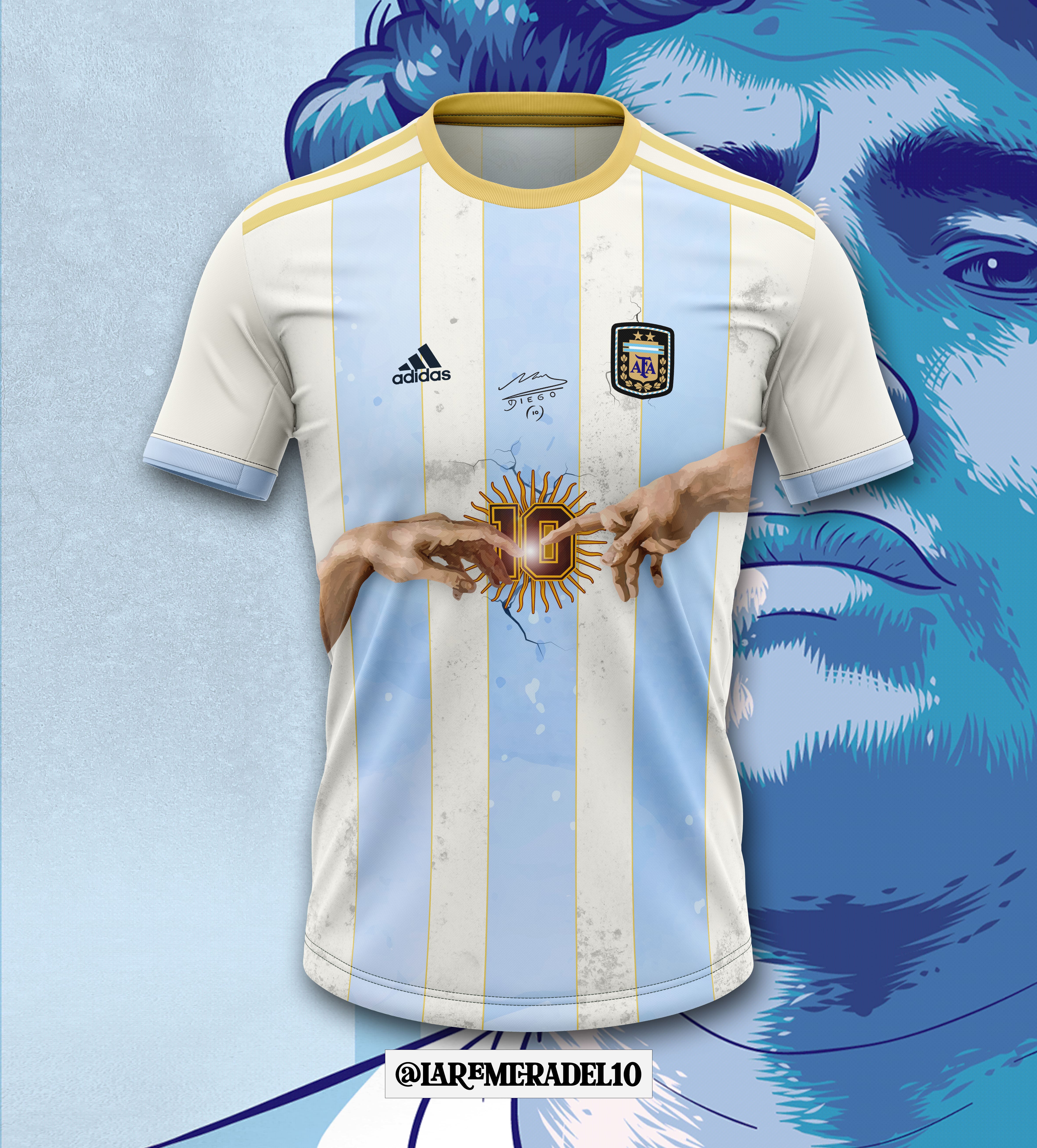 Camiseta de Argentina con La Creación de Adán en el pecho y una imagen de Maradona de fondo